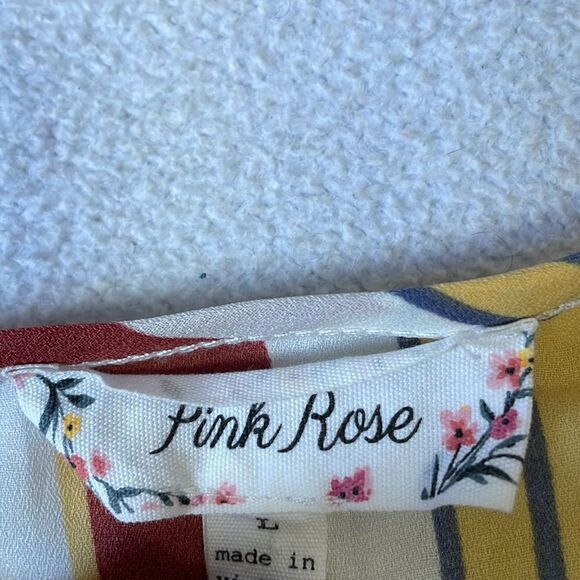 Pink Rose Retro 70s Vibe Faux Wrap Striped Peplum Blouse (Size: Large) - Picture 9 of 12